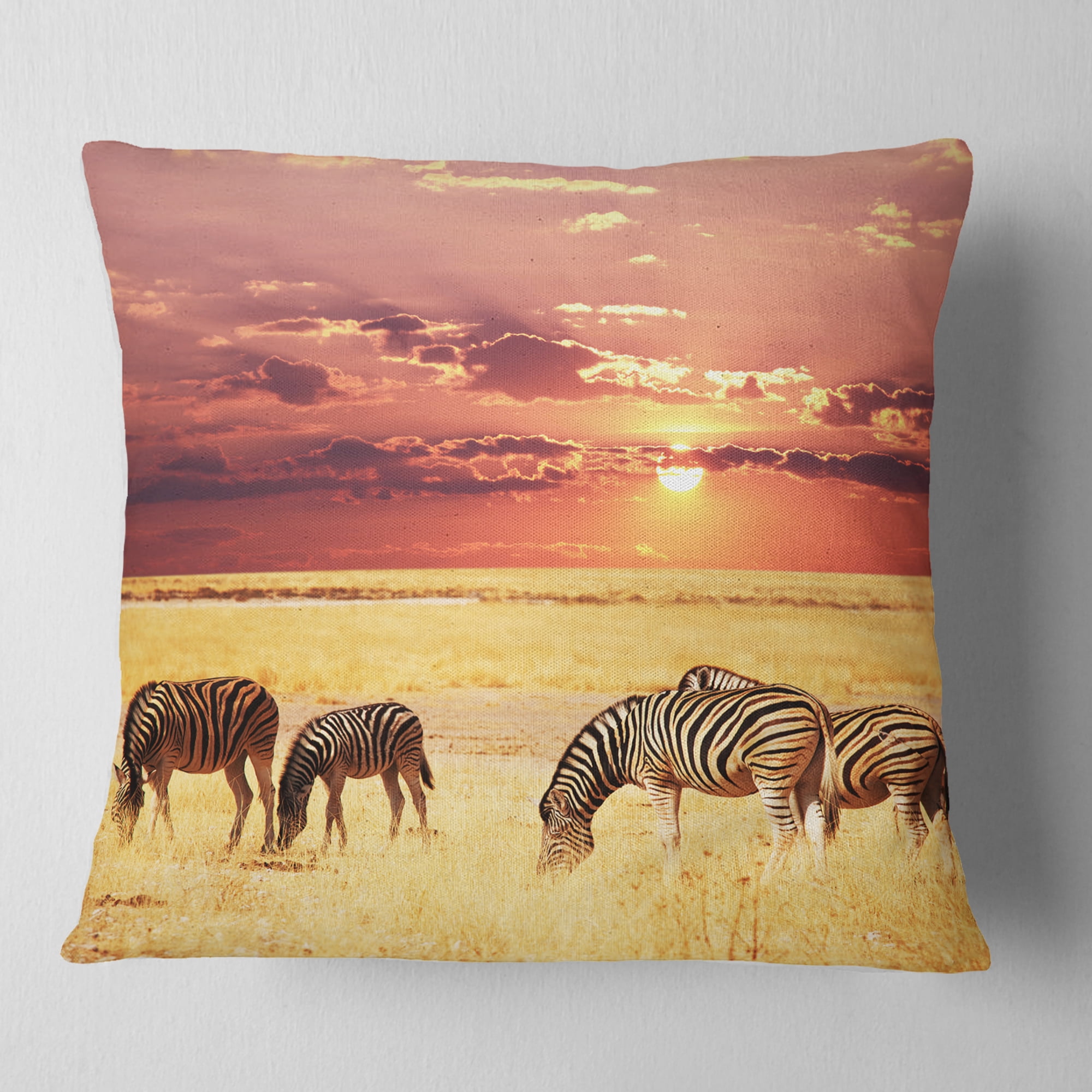 Designart Zebras Grazing Together at Sunset - Modern Landscape Printed Throw Pillow - 18x18