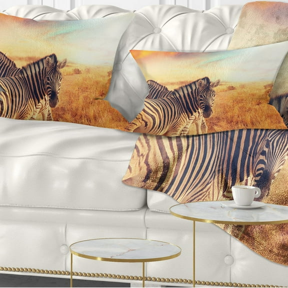Designart Zebras Herd in Field At Sunset - African Throw Pillow - 12x20