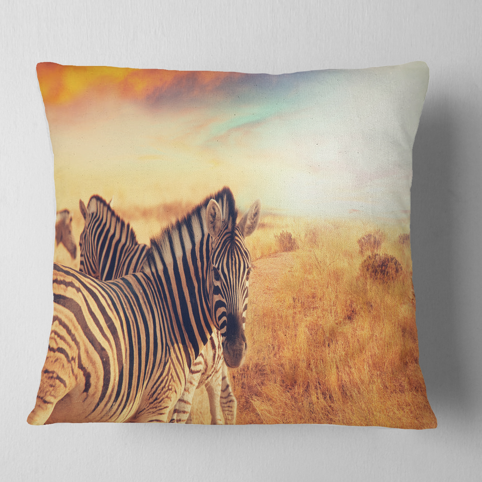 Designart Zebras Herd in Field At Sunset - African Throw Pillow - 16x16