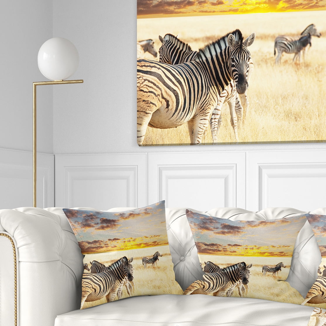 Designart Zebras Walking in Bush under Clouds - African Throw Pillow - 16x16