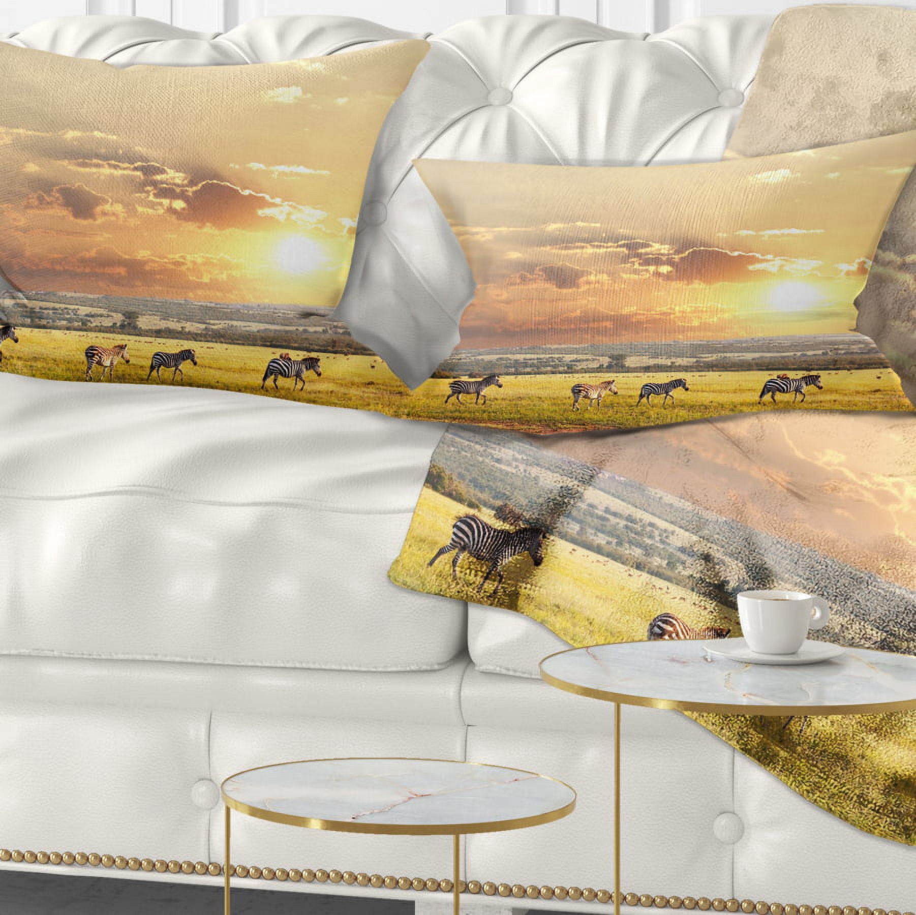 Designart Zebras Wandering in African Prairie - Landscape Printed Throw Pillow - 12x20