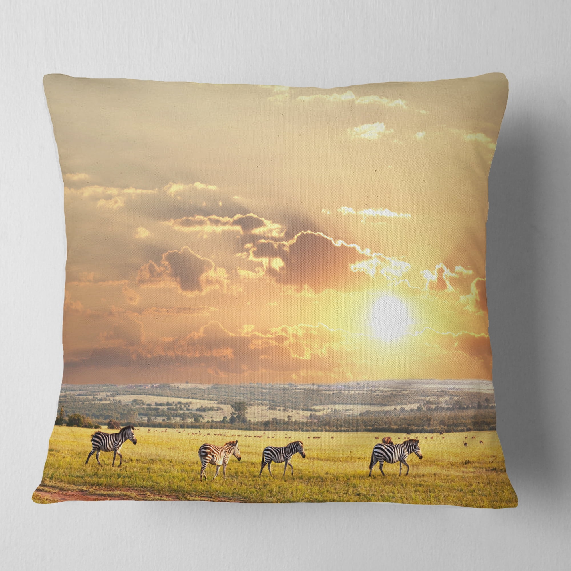 Designart Zebras Wandering in African Prairie - Landscape Printed Throw Pillow - 18x18