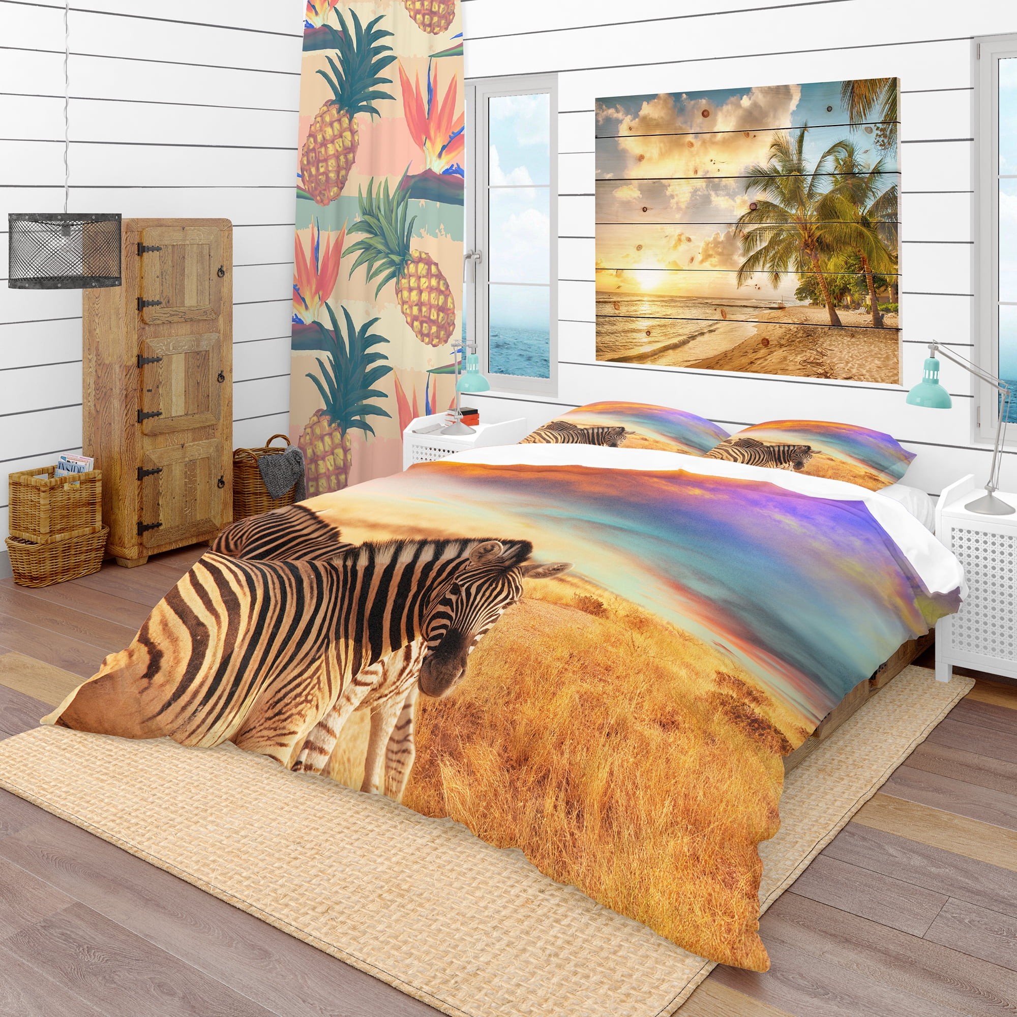 Designart 'Zebras in Bush Under Colorful Sky' Tropical Duvet Cover Set