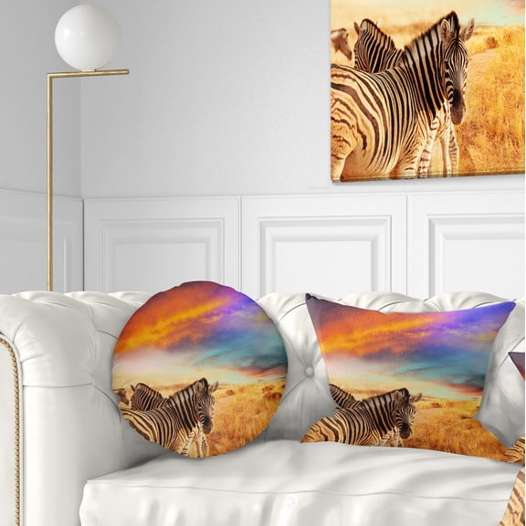 Designart Zebras in Bush under Colorful Sky - African Throw Pillow - 12x20
