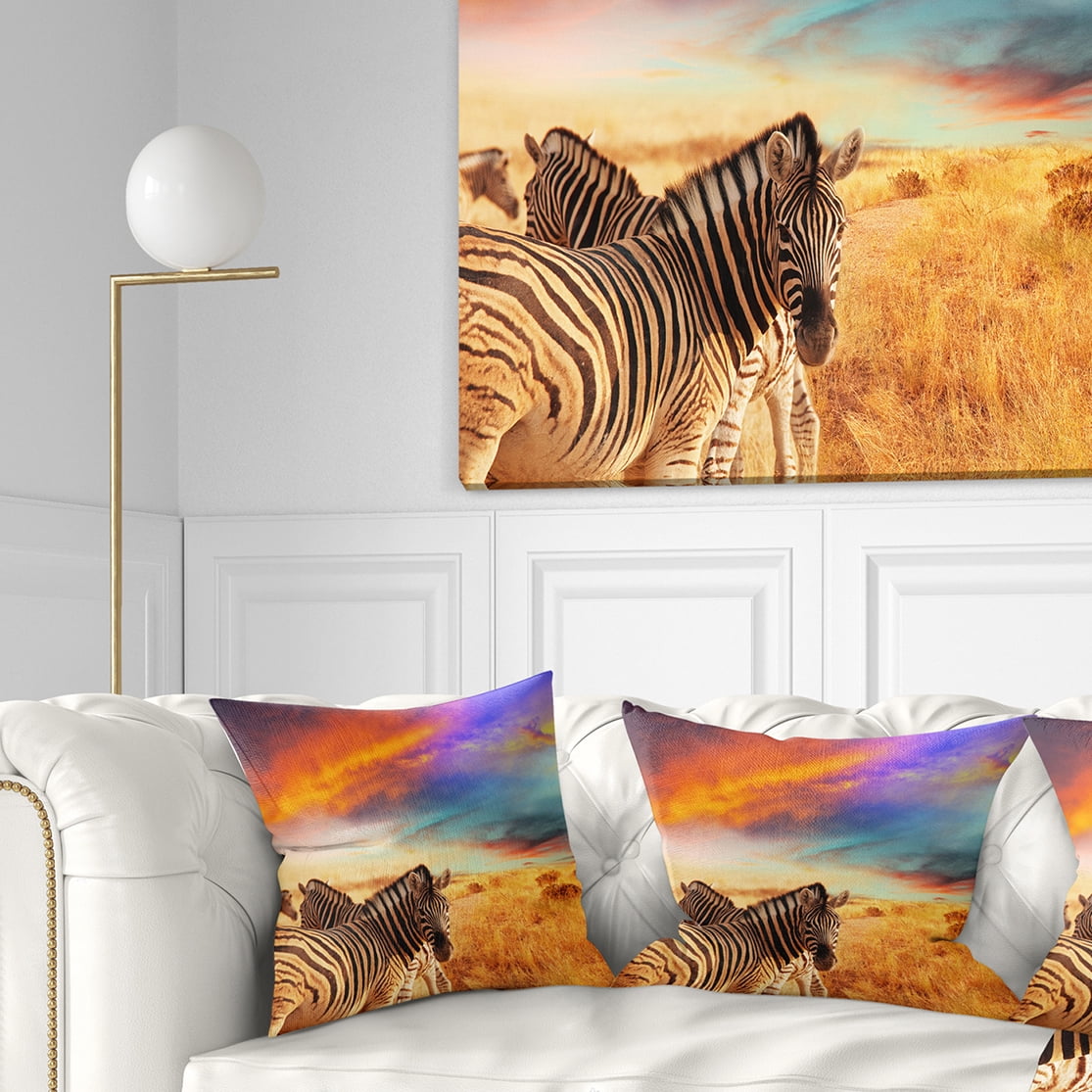 Designart Zebras in Bush under Colorful Sky - African Throw Pillow - 16x16