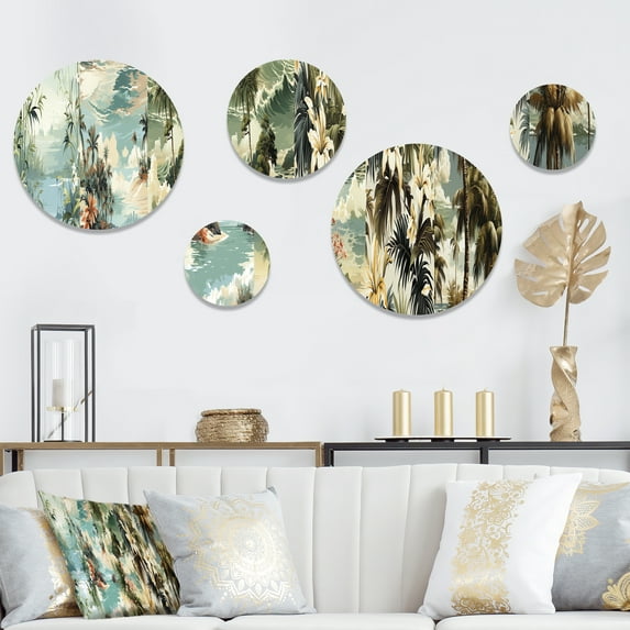 Designart "Zen Essence Of Tropical Bamboo" Floral Round Wall Art Set Of 5 - Green Tropical Wall Living Room Decor Set