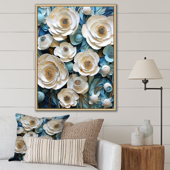 Designart "Zen Garden Of Minimalist Blue And White Pansies I" Pansies Floater Framed Canvas Wall Art