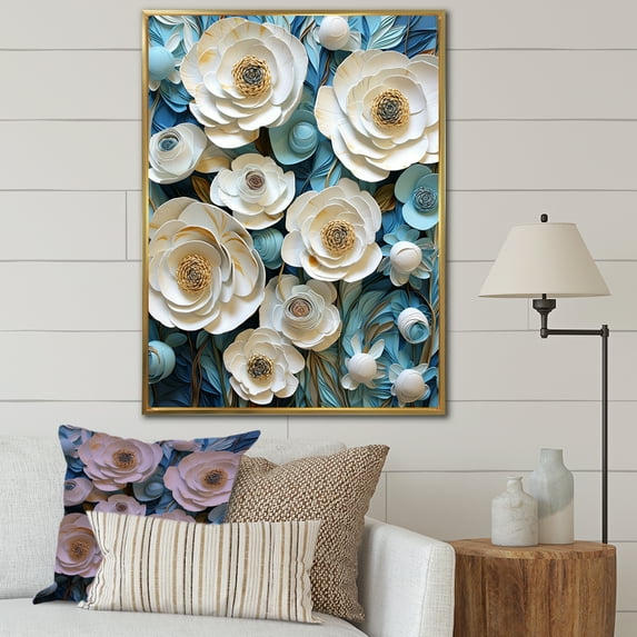 Designart "Zen Garden Of Minimalist Blue And White Pansies I" Pansies Floater Framed Canvas Wall Art