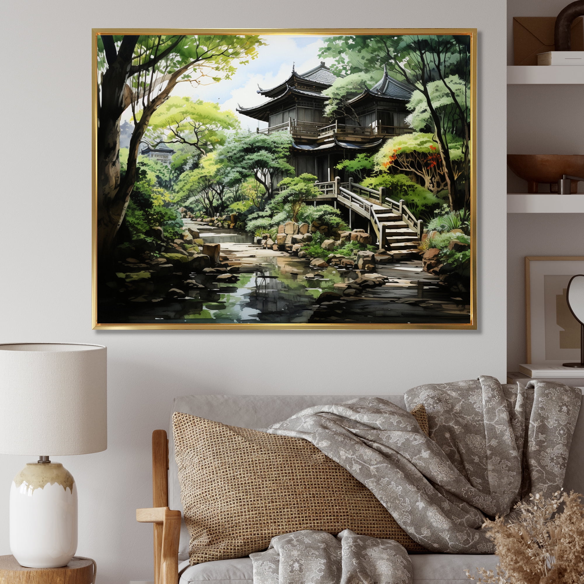 Zen Garden Serenity Gold Framed Abstract Canvas Print