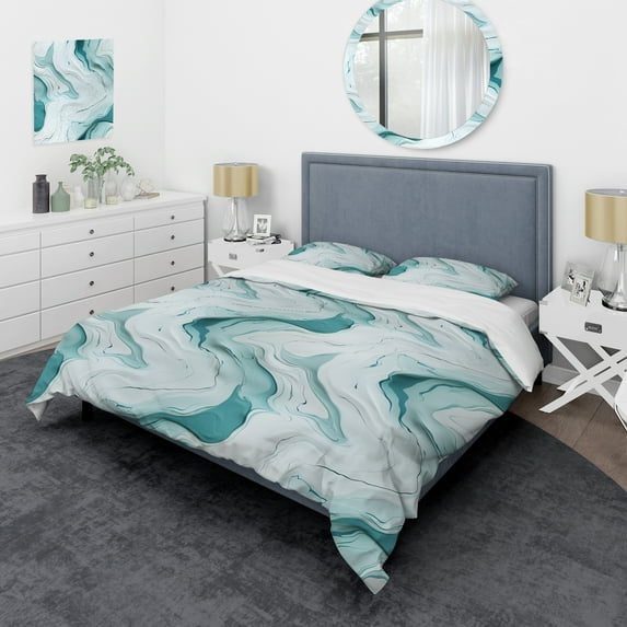 Designart "Zen Harmony In Light Green Marble" Marble Bedding Covert Set - Glam Bed Set With 2 Shams