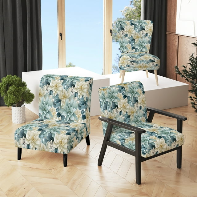 Designart "Zen-Like Elegance In Grey And White Florals" White Flower Upholstered Accent Chair - Cottage Arm Chair For Living Room