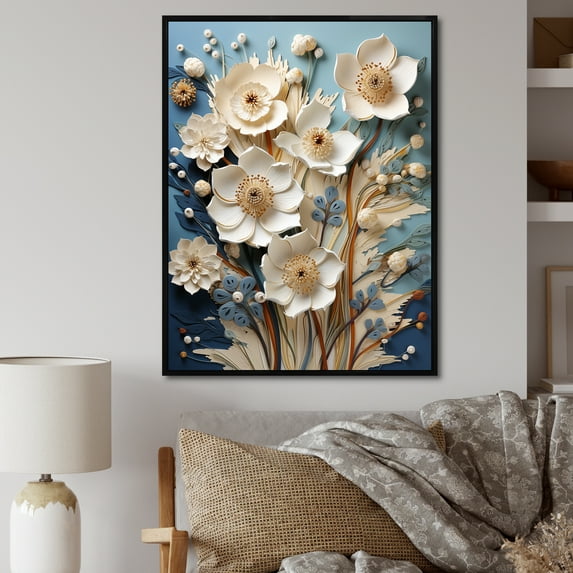 Designart "Zen-Like Flower Garden In Beige And Blue II" Plants Floater Framed Canvas Prints