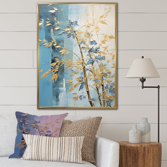 Designart "Zen Moment With Blue And Gold Bamboo III" Bamboo Floater Framed Wall Art Living Room