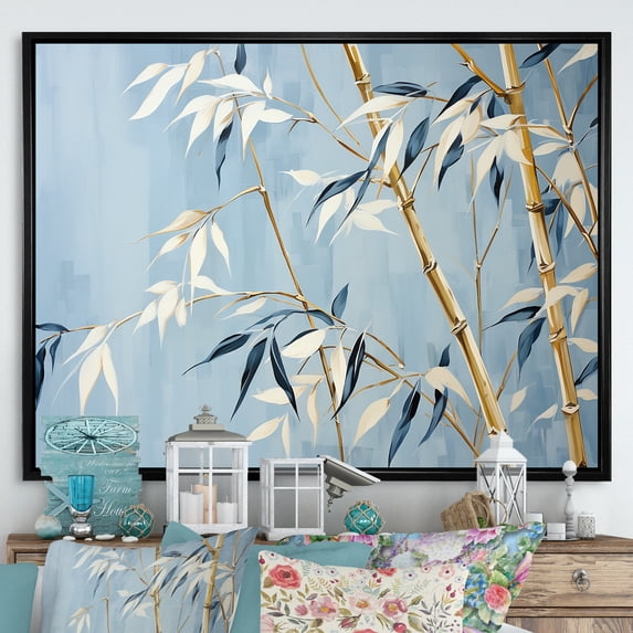 Designart "Zen Moment With Blue And Gold Bamboo IV" Bamboo Floater Framed Canvas Wall Art