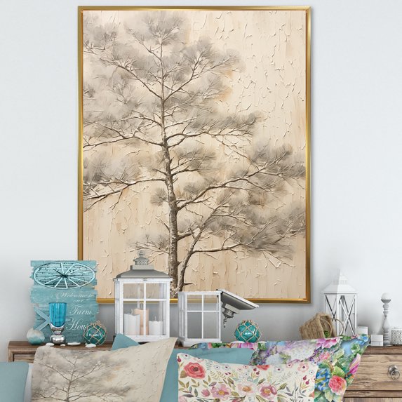 Designart "Zen Pine In Beige Scene II" Tree Pine Floater Framed Wall Art Living Room