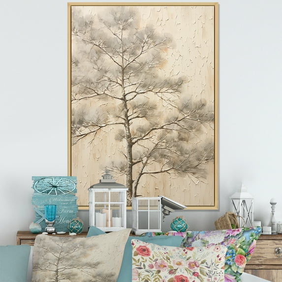Designart "Zen Pine In Beige Scene II" Tree Pine Floater Framed Wall Art Living Room