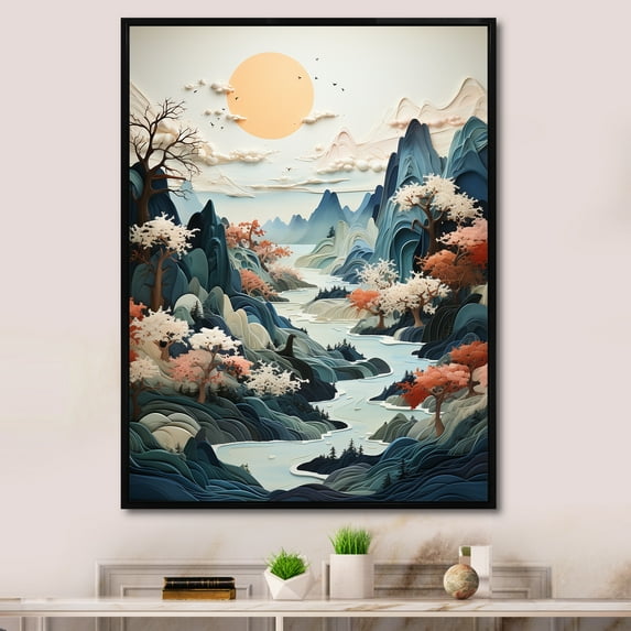 Designart "Zen River Mountain Vistas" Japan Art Floater Framed Canvas Prints