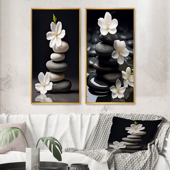 Designart "Zen Serenity White Flowers and Black Stone Cairn III" Spiritual Stone Framed Wall Art Set Of 2 - Traditional White Gallery Wall Frame Set For Home Decor