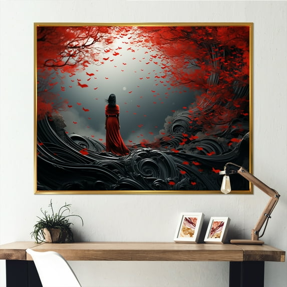 Designart "Zen Silence With Red And Grey In Japanese Art" Japan Floater Framed Canvas Prints