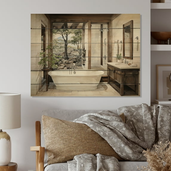 Designart "Zen in Contemporary Bathroom II" Bath & Laundry Print on Natural Pine Wood