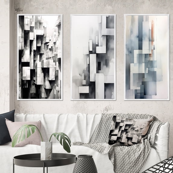 Designart "Zen in Grey Abstract VI" Minimalism Framed Wall Art Set Of 3 - Grey Minimalism Frame Gallery Set For Office Decor