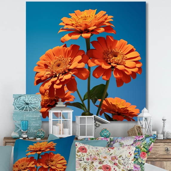 Designart "Zesty Zinnias In Orange And Blue II" Zinnias Canvas Prints