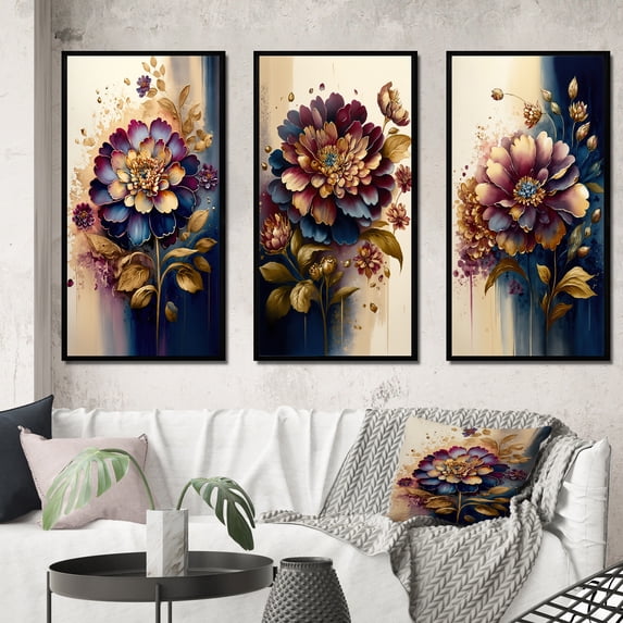 Designart "Zinnia Elegance in Night Shades I" Floral & Botanical Framed Wall Art Set Of 3 - Red Zinnias Frame Gallery Set For Office Decor