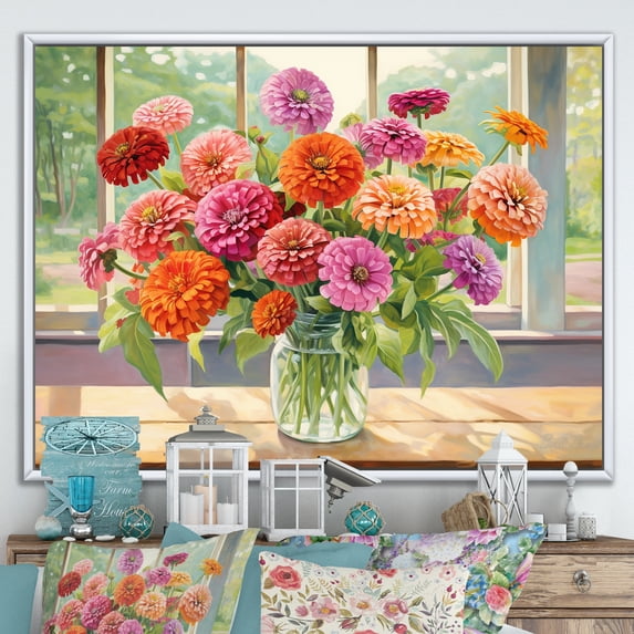 Designart "Zinnias In Farmhouse Still Life" Zinnias Floater Framed Canvas Prints