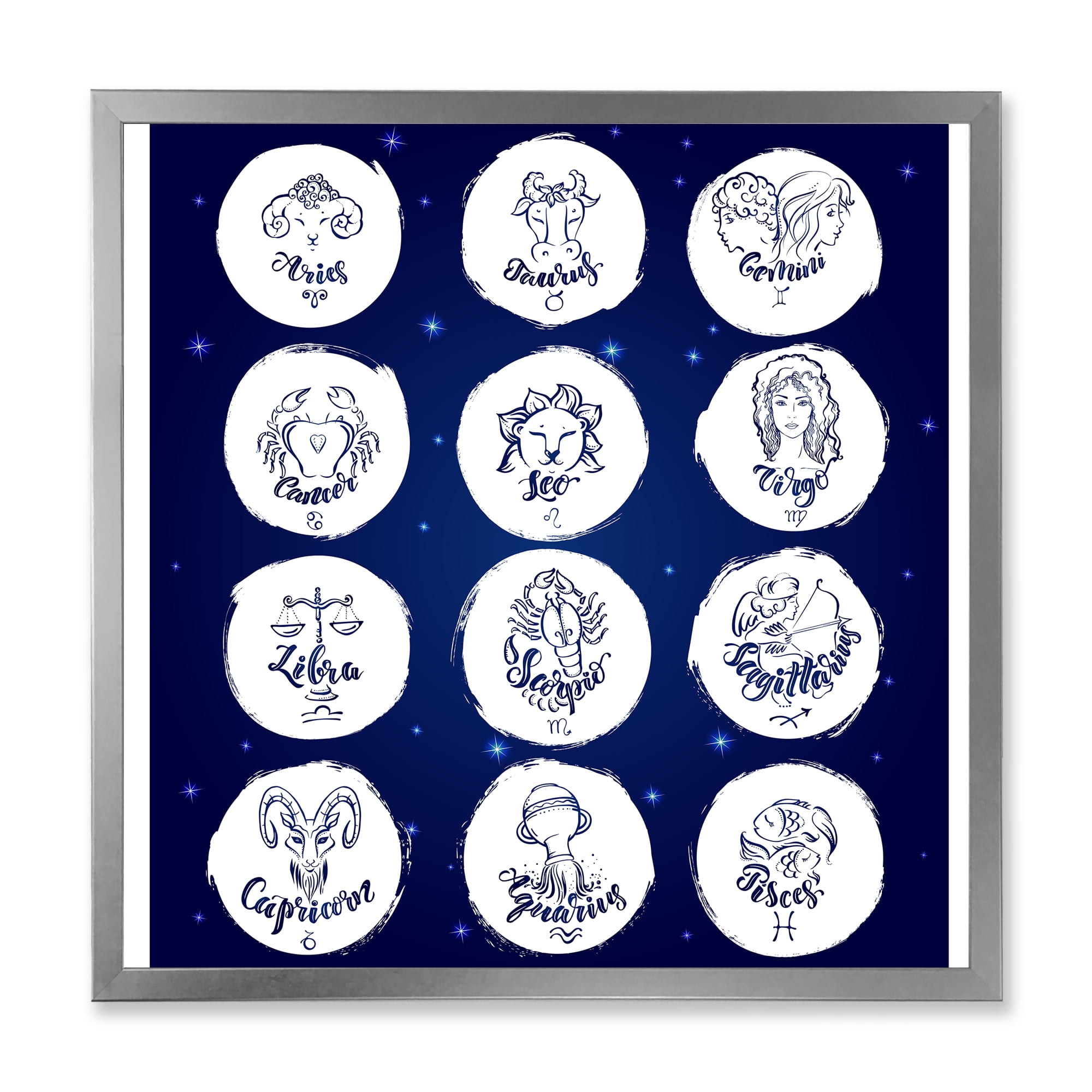 Designart 'Zodiac Diagram & Signs On Blue' Modern Framed Art Print