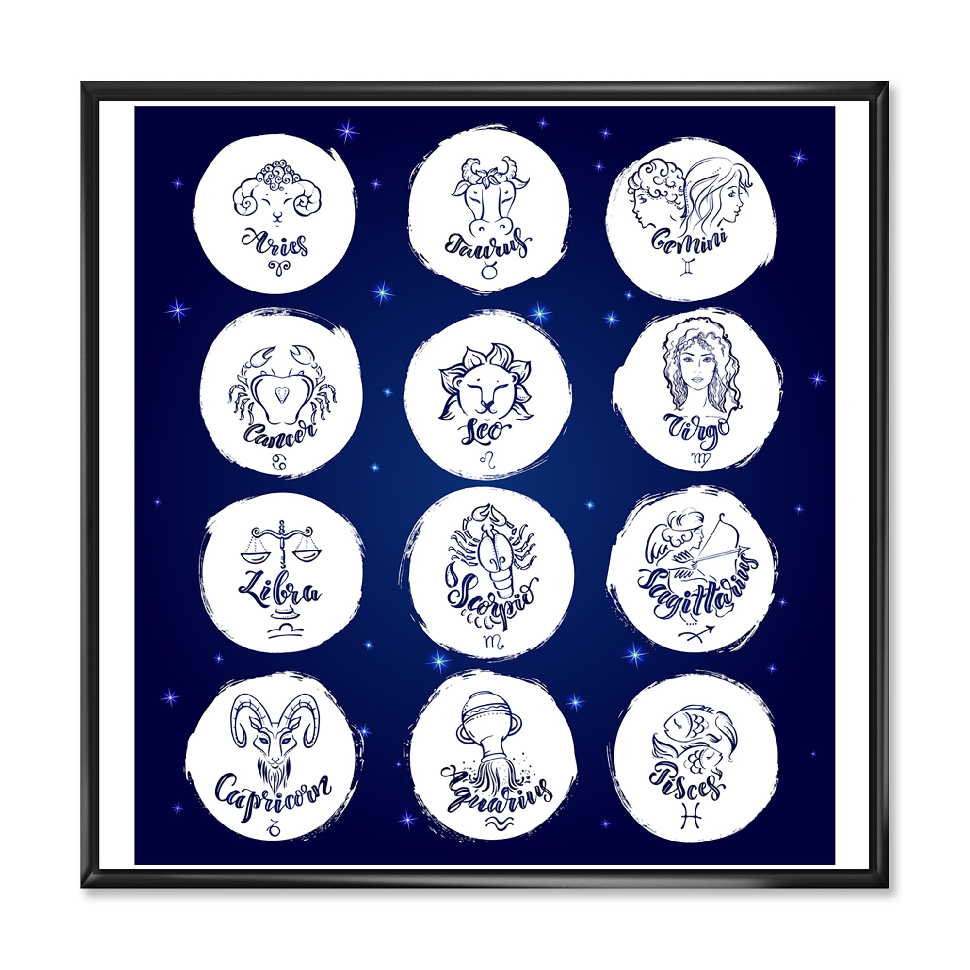 Designart 'Zodiac Diagram &amp; Signs On Blue' Modern Framed Canvas Wall ...