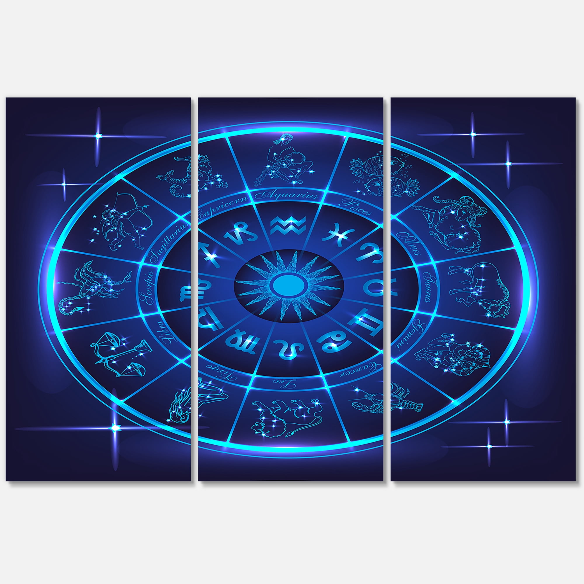 Designart ' Zodiac Signs With Neon Deep Blue Horoscope Circle ' Modern Canvas Wall Art Print