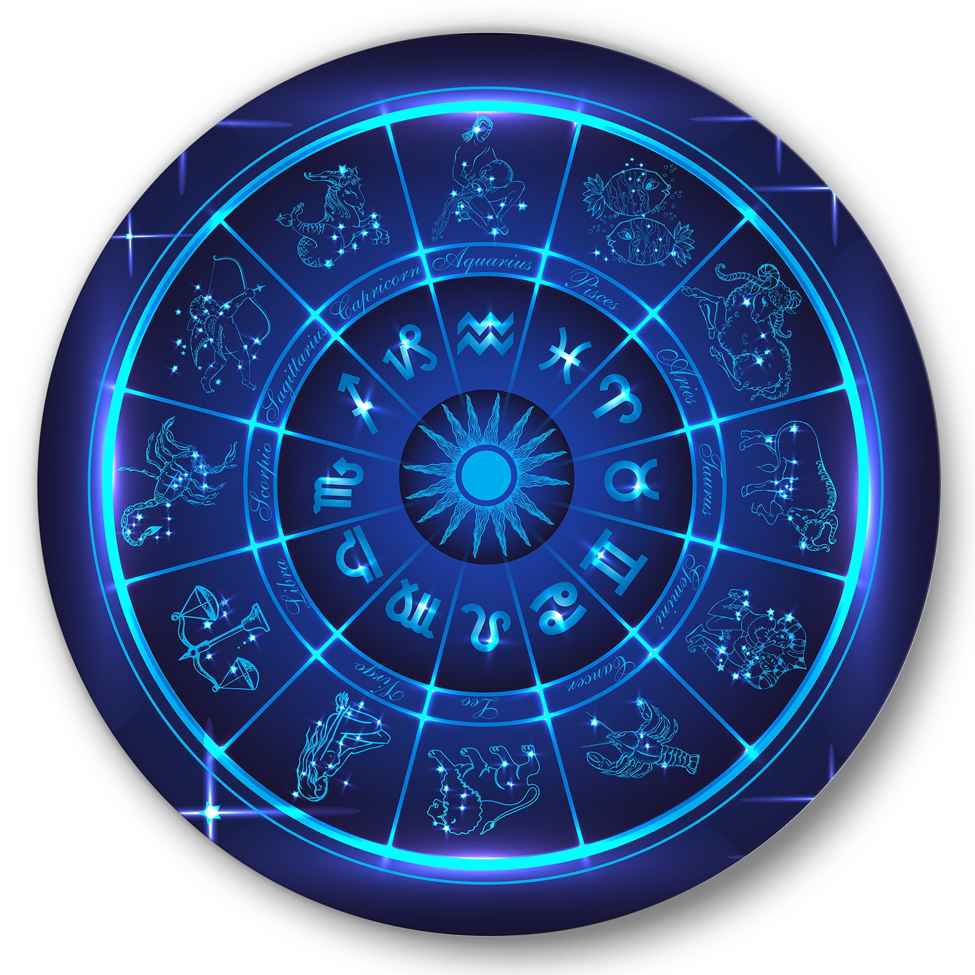 Designart 'Zodiac Signs With Neon Deep Blue Horoscope Circle' Modern Circle Metal Wall Art 36x36 - Disc of 36