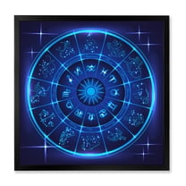 Designart 'Zodiac Signs With Neon Deep Blue Horoscope Circle' Modern Framed Art Print