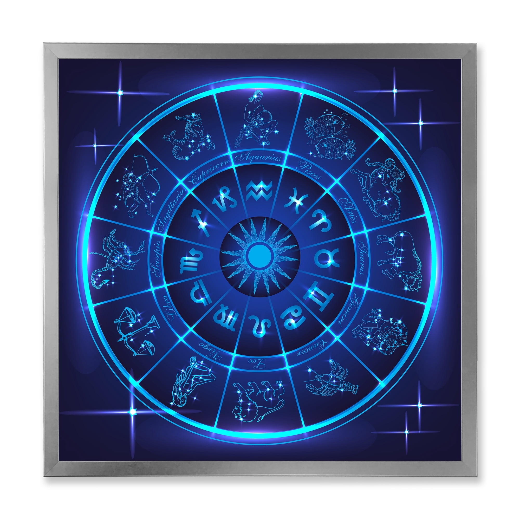 Designart 'Zodiac Signs With Neon Deep Blue Horoscope Circle' Modern Framed Art Print
