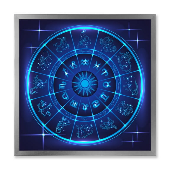 Designart 'Zodiac Signs With Neon Deep Blue Horoscope Circle' Modern Framed Art Print