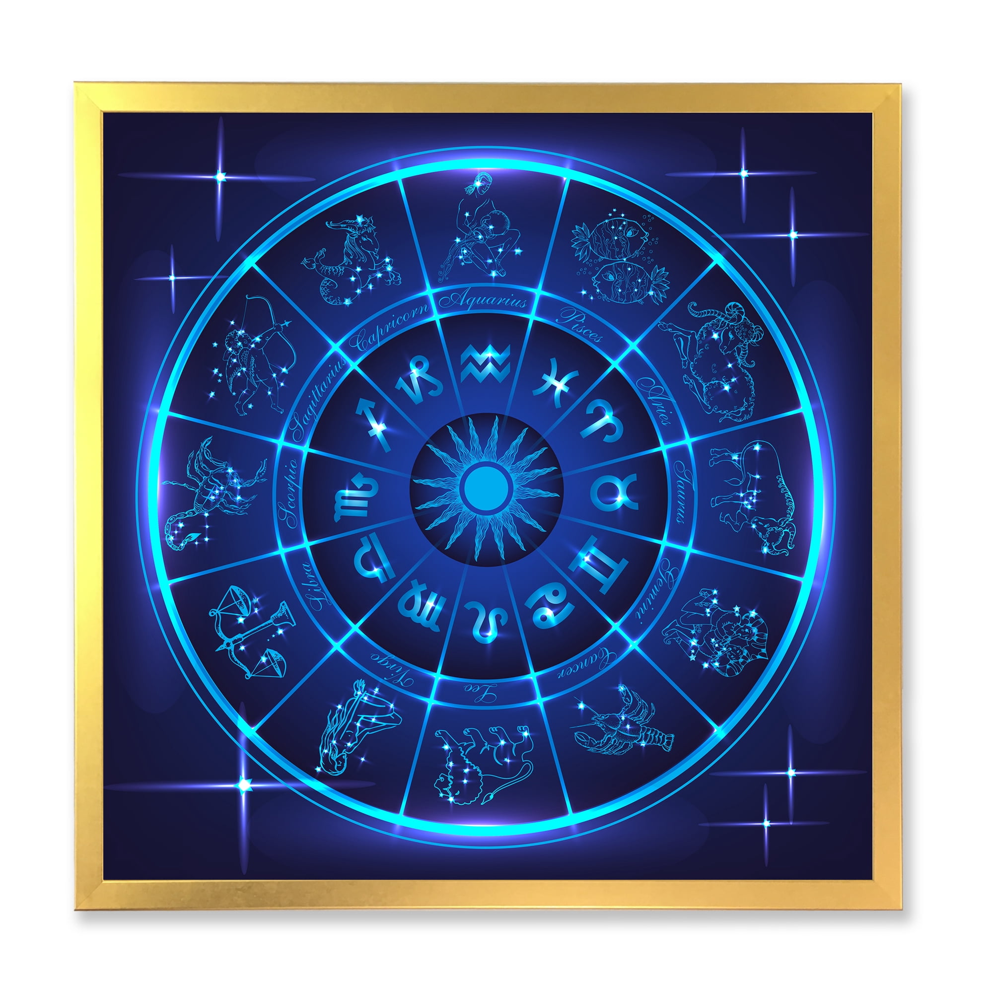 Designart 'Zodiac Signs With Neon Deep Blue Horoscope Circle' Modern Framed Art Print