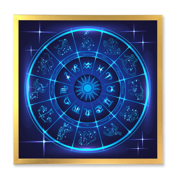 Designart 'Zodiac Signs With Neon Deep Blue Horoscope Circle' Modern Framed Art Print