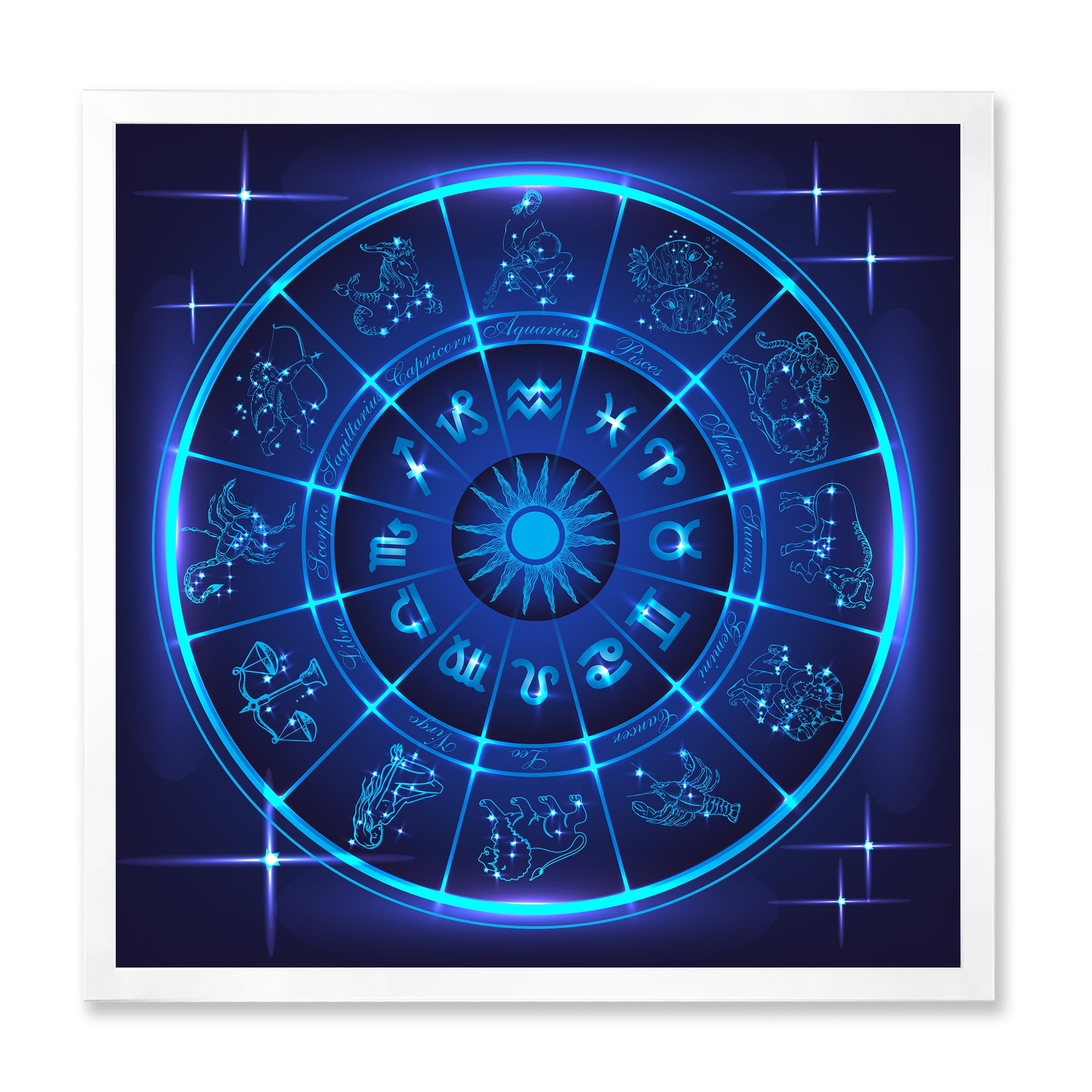 Designart 'Zodiac Signs With Neon Deep Blue Horoscope Circle' Modern Framed Art Print