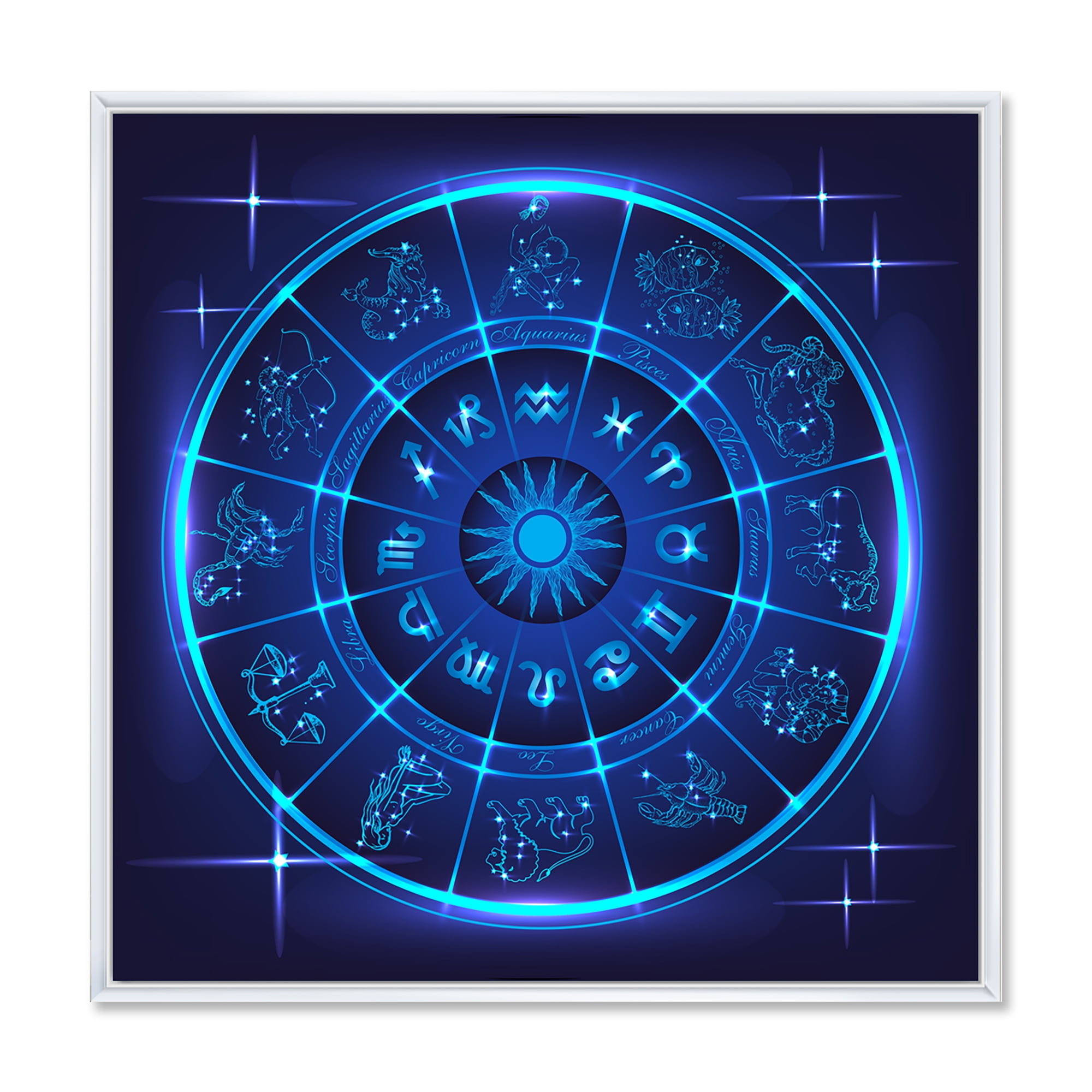 Designart 'Zodiac Signs With Neon Deep Blue Horoscope Circle' Modern Framed Canvas Wall Art Print
