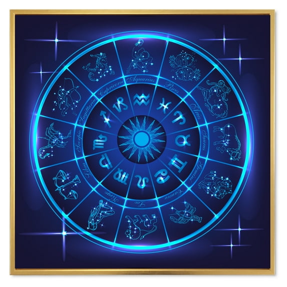Designart 'Zodiac Signs With Neon Deep Blue Horoscope Circle' Modern Framed Canvas Wall Art Print