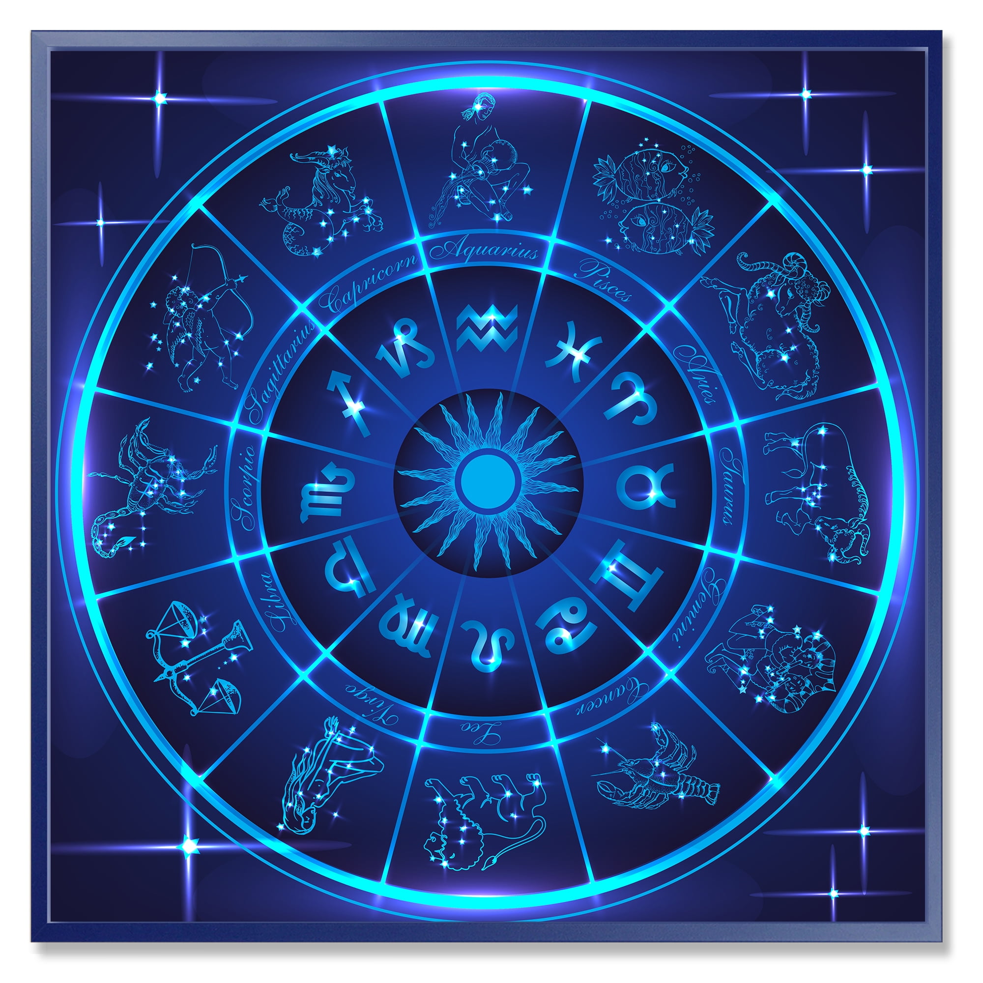Designart 'Zodiac Signs With Neon Deep Blue Horoscope Circle' Modern Framed Canvas Wall Art Print