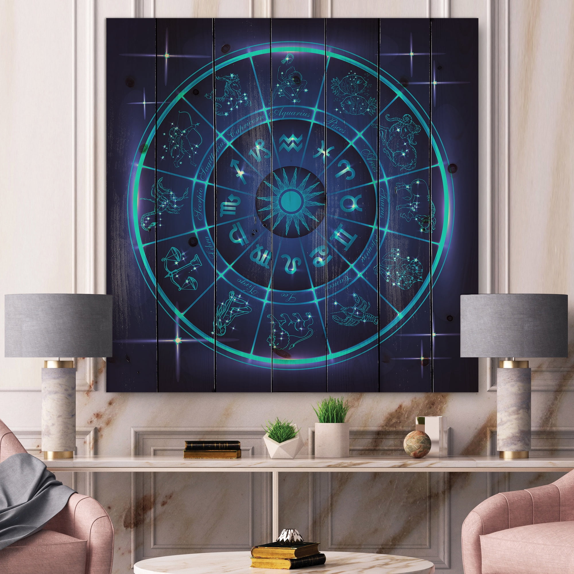 Designart 'Zodiac Signs With Neon Deep Blue Horoscope Circle' Modern Print on Natural Pine Wood