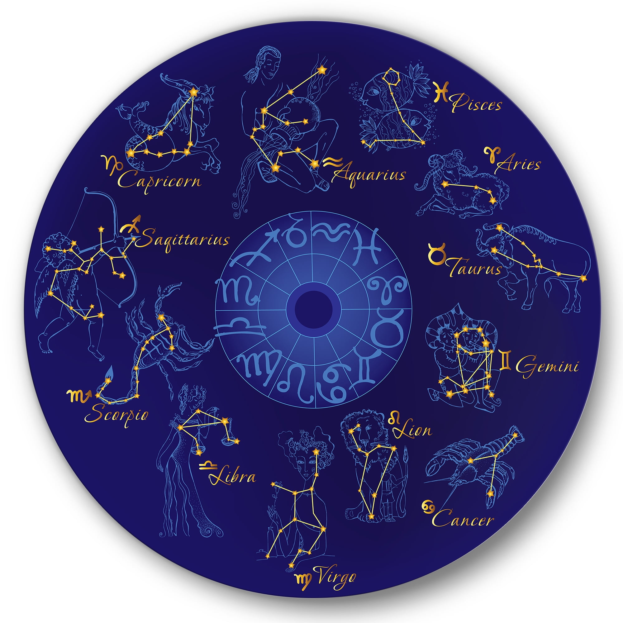 Designart 'Zodiac Signs and Zodiac With Constellations' Modern Circle Metal Wall Art 29x29 - Disc of 29