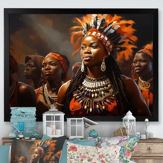 Designart "Zulu Festive Revelry in Brown" People Framed Wall Art Decor - Global Brown African Tribal Bedroom Framed Canvas Wall Art