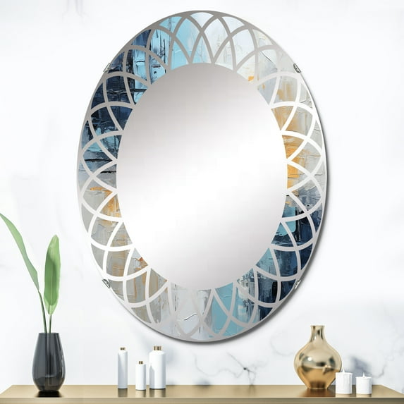 Designart "composition Frozen Snow III" Abstract Collages Round Wall Mirror - Abstract Oval Mirror