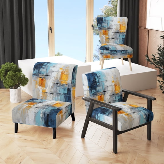 Designart "composition Frozen Snow III" Yellow Abstract Collages Upholstered Accent Chair - Modern Arm Chair For Living Room