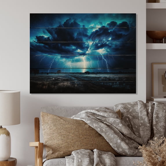 Designart "delicate Lightning III" Landscapes Print on Natural Pine Wood