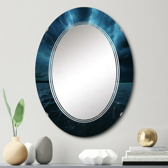 Designart "delicate Lightning V" Nautical & Beach Round Wall Mirror - Landscapes Oval Printed Decorative Oversized Mirror - Multiple Color Options