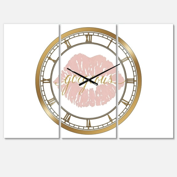 Designart 'fashion Glam Lips on Gold II' Modern Wall Clock