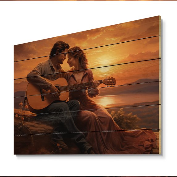 Designart "love Couple Playing Guitar At Sunset" Romantic Landscape Print on Natural Pine Wood